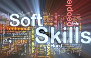 A word cloud with "Soft Skills" prominently featured, like on a standout resume. Other visible words include "technical," "communication," "people," "team," and "interpersonal." The background boasts a dynamic, radiating design that highlights essential qualities.